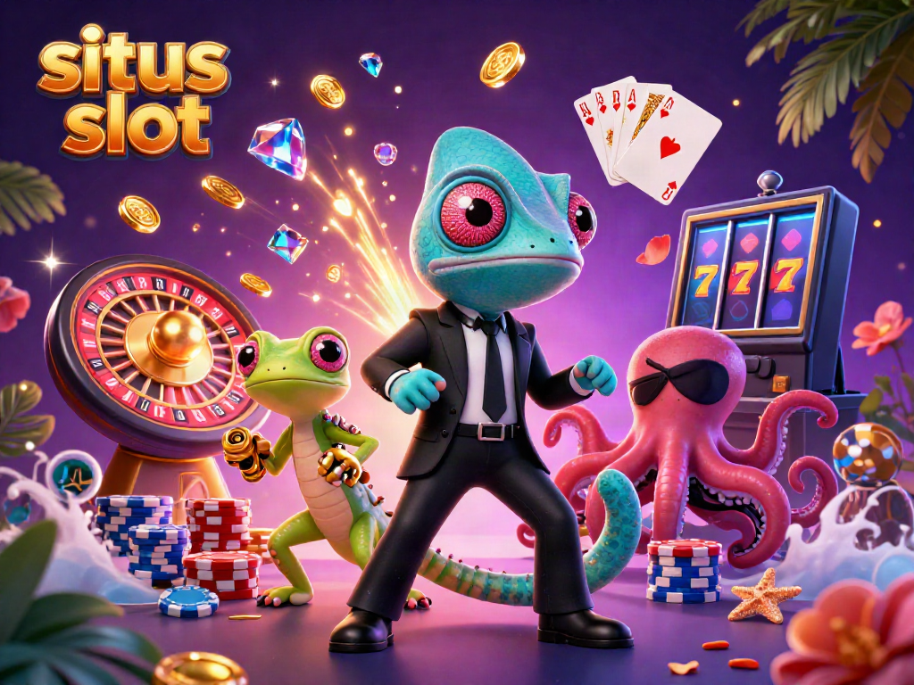 Ilustrasi slot situs dengan chameleon agen rahasia dan gecko cerdas di tengah suasana kasino penuh koin emas.