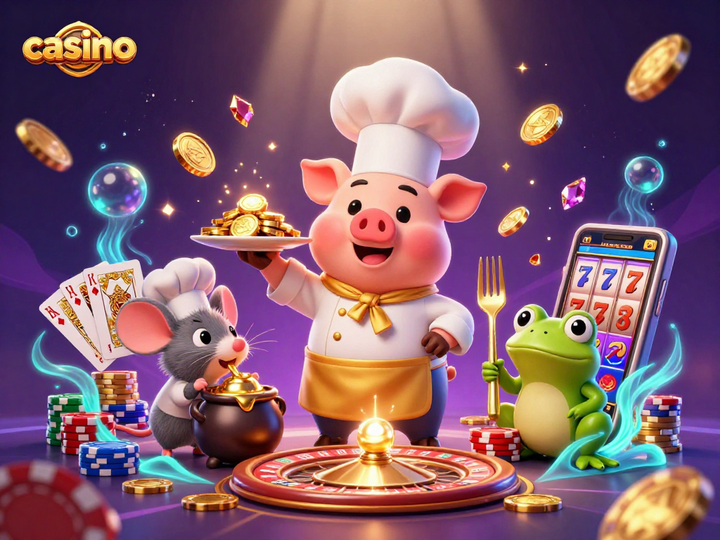 Join the casino excitement with our gourmet chef pig and charming characters in a vibrant casino scene.