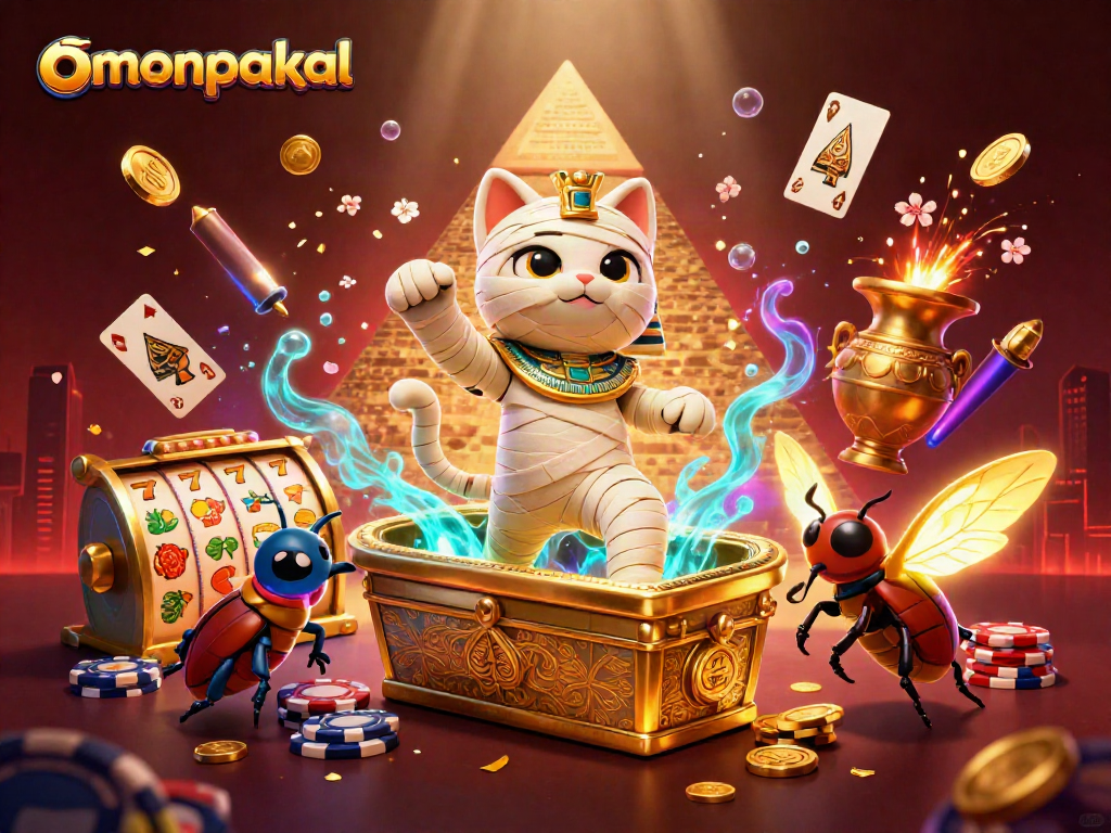 Experience the excitement of omonpakal with the vibrant mummy cat and casino elements.