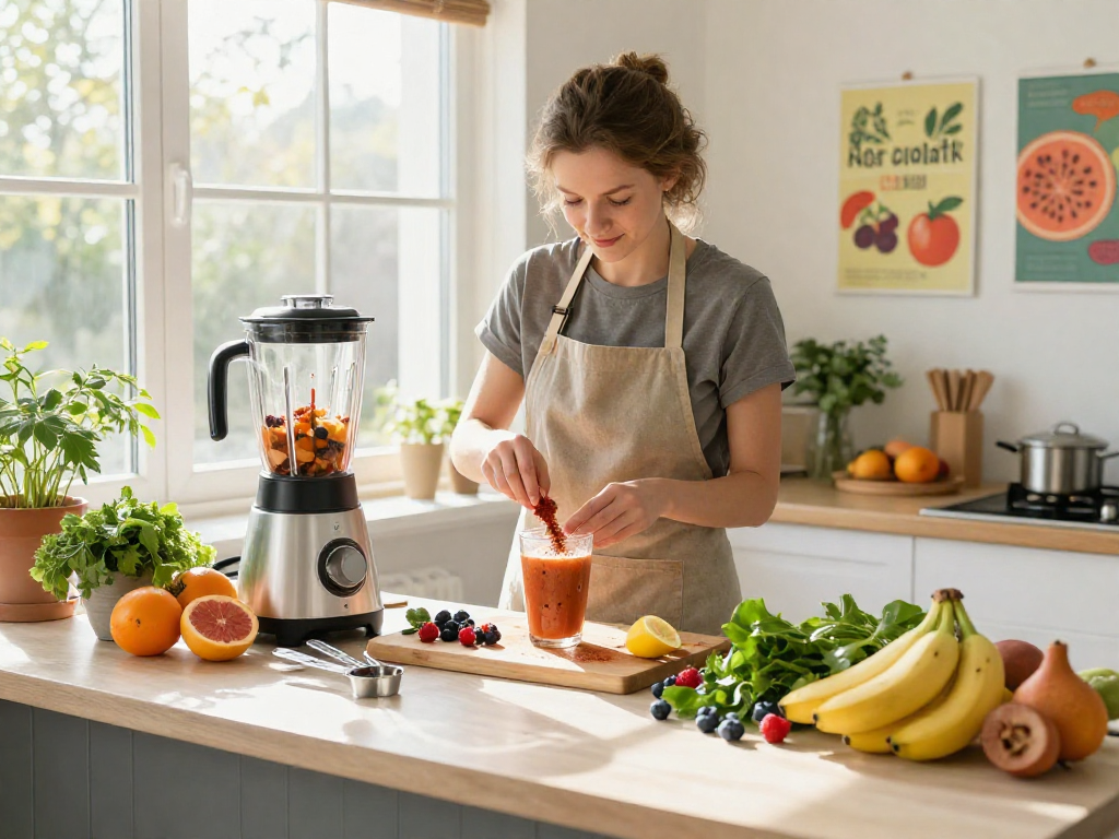 Preparing a smoothie with natural astaxanthin in a bright kitchen.