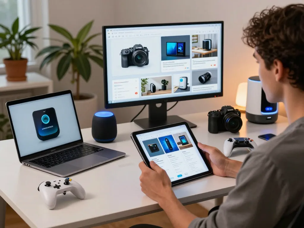 Engaged user exploring smart tech gadgets in a modern office setting, showcasing innovative devices.