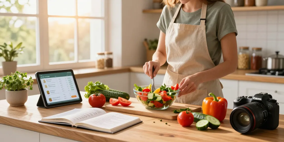 Best food tracker app displayed on tablet while preparing a healthy salad in a cozy kitchen.