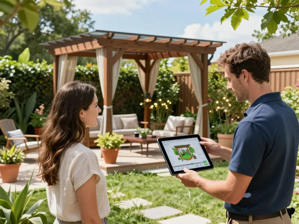 Interactive 3D Pergola Configurator demonstration showing customization options in a vibrant garden setting.