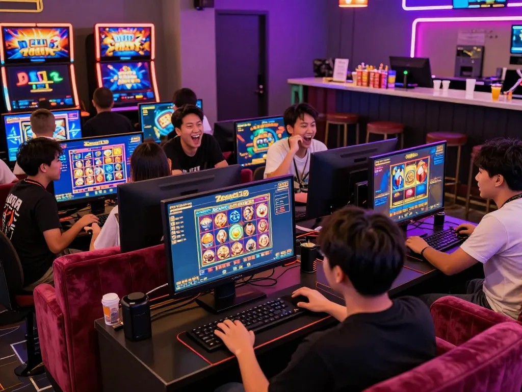 Players enjoying slot gacor games at Zeus138 with vibrant neon atmosphere.