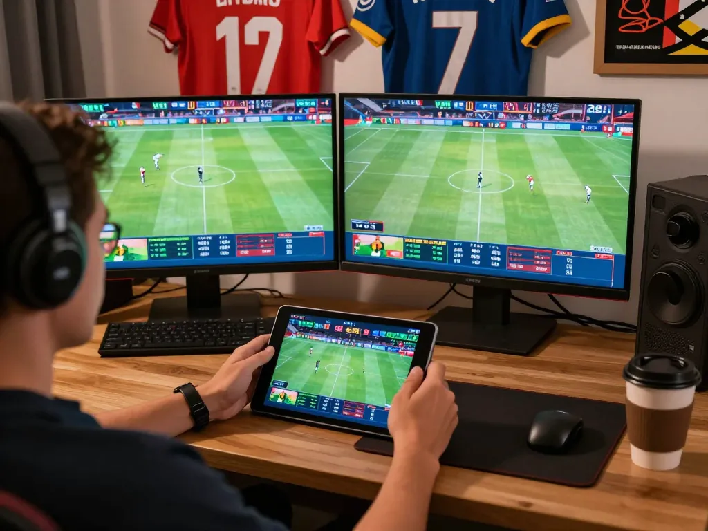 vaobet user placing live bets on tablet during sports events, vibrant and engaging scene