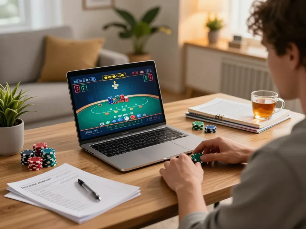Engaging in a live dealer poker game on gojekpot in a cozy home office setting.