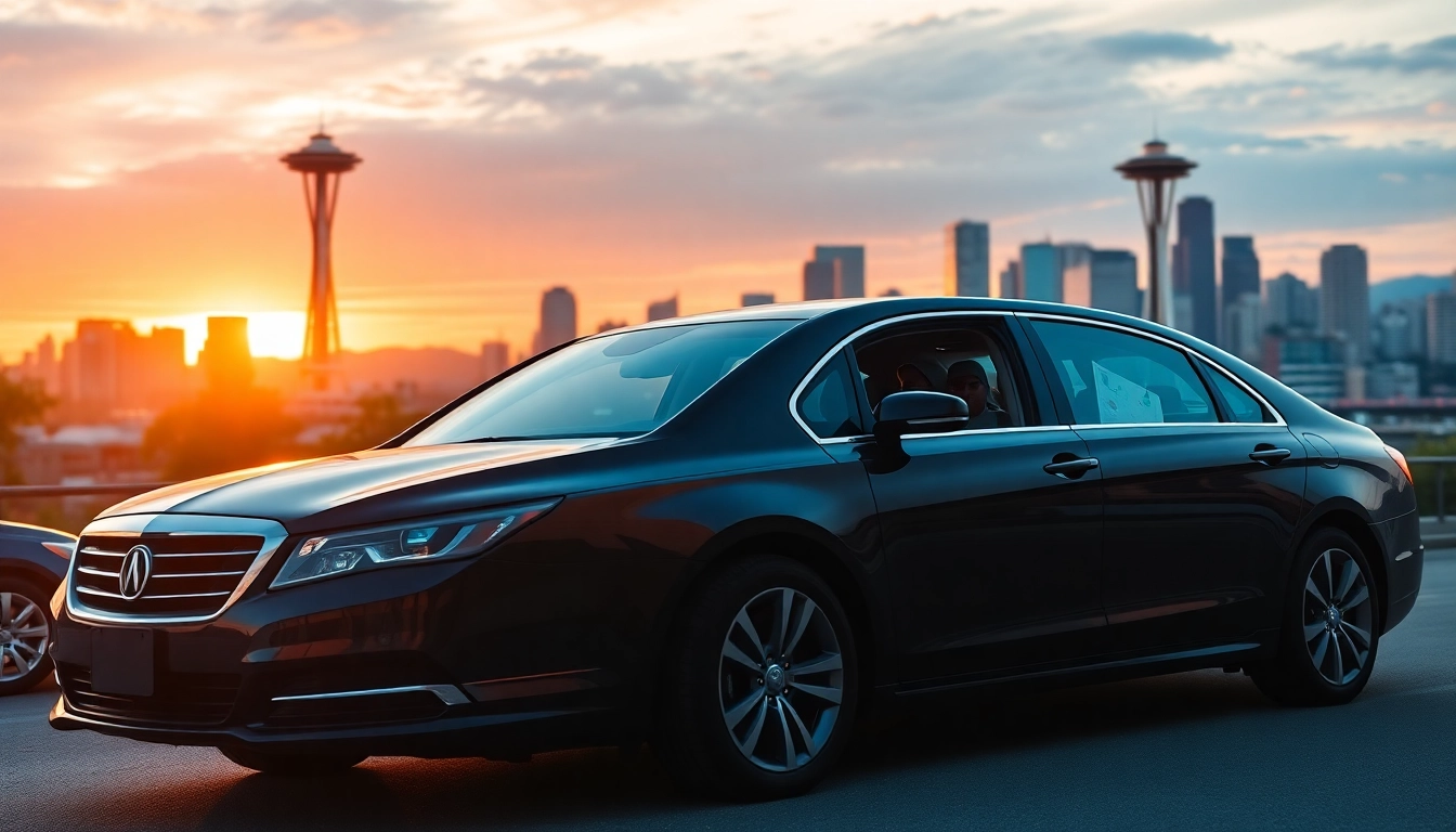 Experience premium vancouver to seattle car service with luxurious sedan in beautiful cityscape.