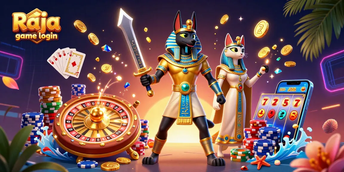 Engage in thrilling gameplay with Raja game login featuring Anubis and Bastet amidst casino elements.