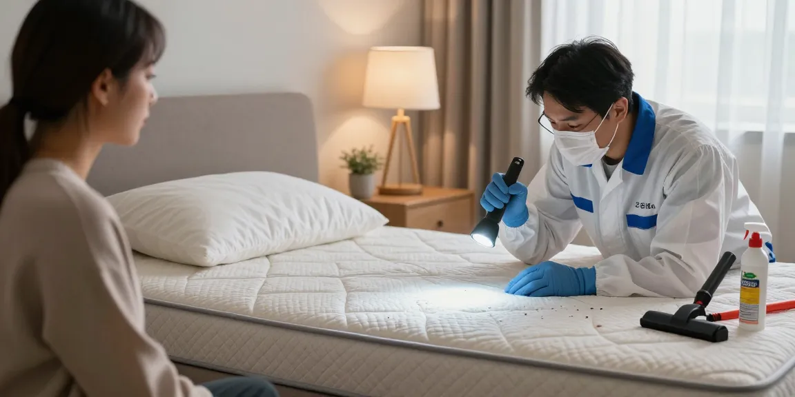 Technician performing bed bug pest control in a residential bedroom, inspecting a mattress.