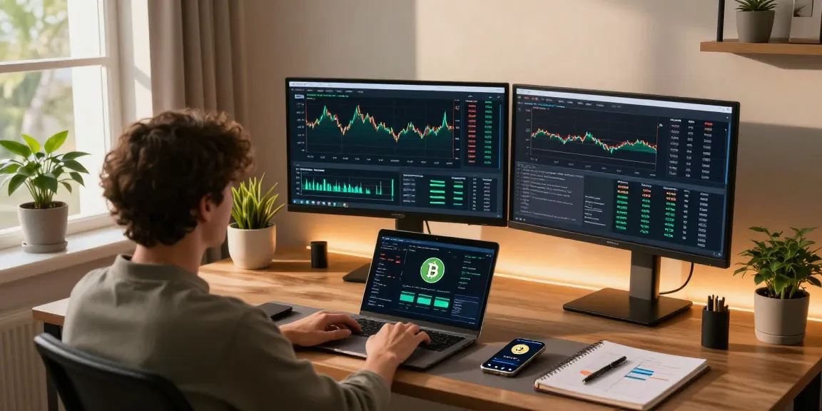 Cloud mining passive income analysis on professional trading setup with cryptocurrency dashboard, charts, and digital wallet.
