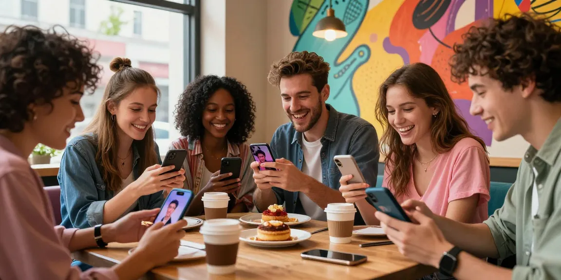 Friends enjoying coffee at a café while discovering celebrities that look alike using their smartphones.