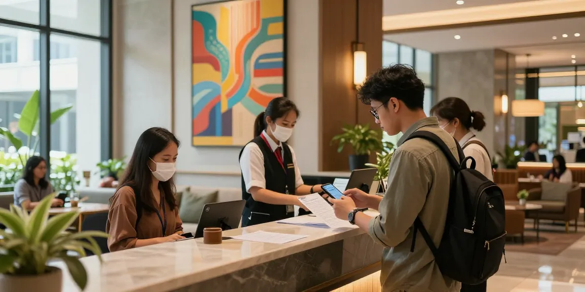 Enjoying the modern hospitality experience at rokok88 super hotel lobby in Jakarta.