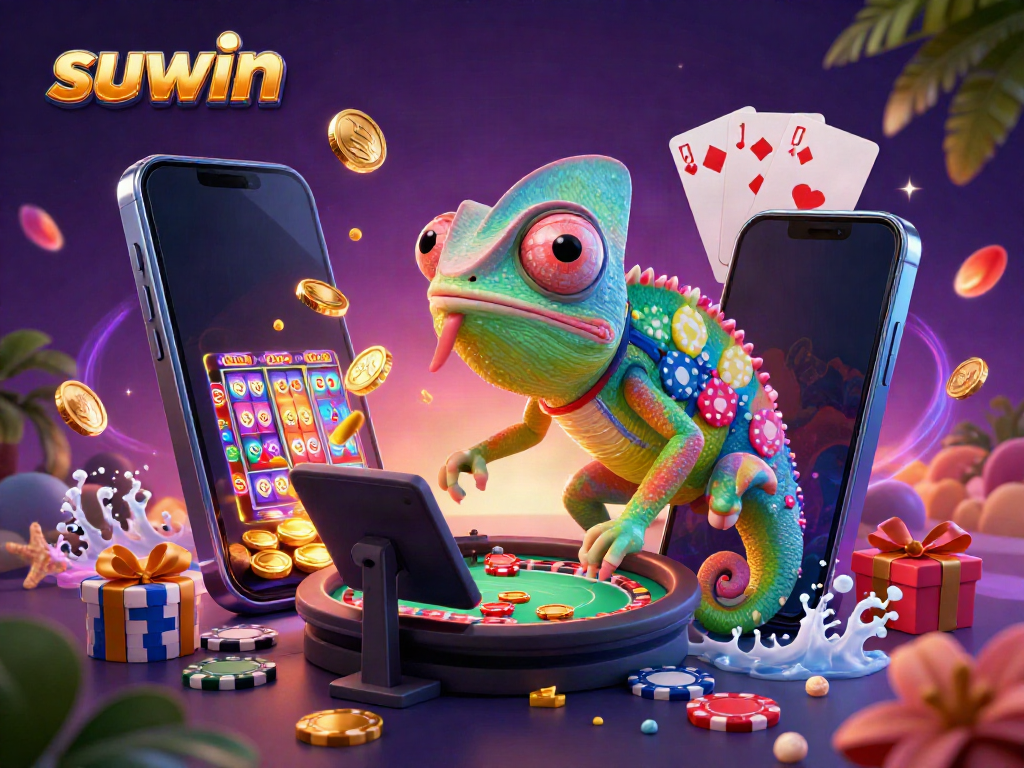 Suwin casino owner character surrounded by vibrant gaming elements, capturing excitement of the online gambling world.