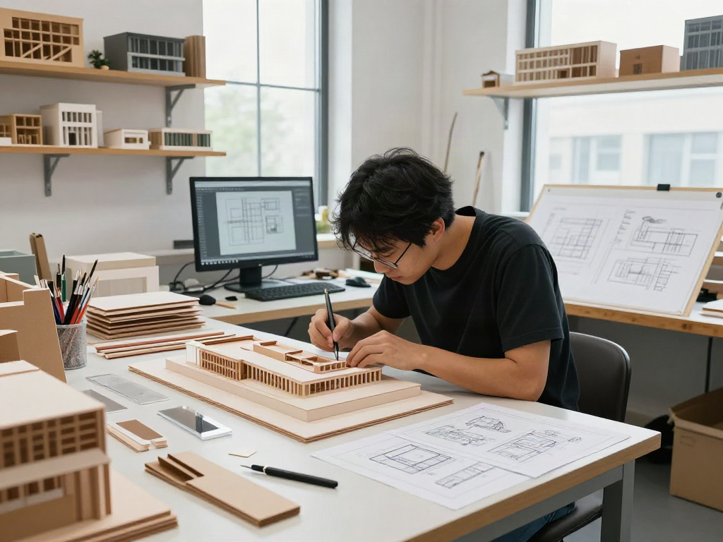 Präzise Modellbauarbeiten im Architektur Modellbau Bremen, Handwerkskunst in einem kreativen Studio.