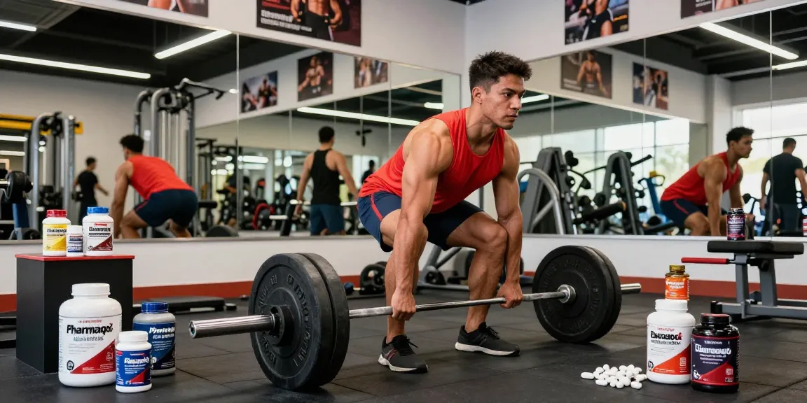 Dynamic athlete using Pharmaqo Shop steroids during an intense workout, showcasing dedication and strength in a vibrant gym environment.