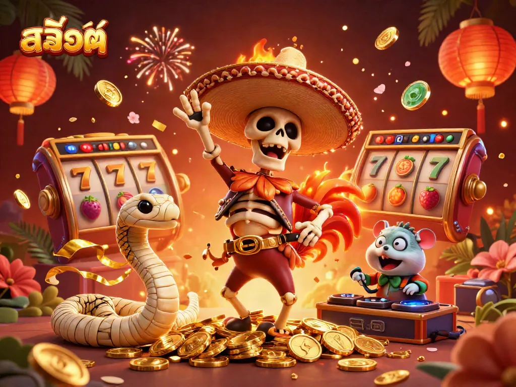 Experience vibrant fun with สล็อต in an energetic 3D illustration featuring colorful slot reels and festive characters!