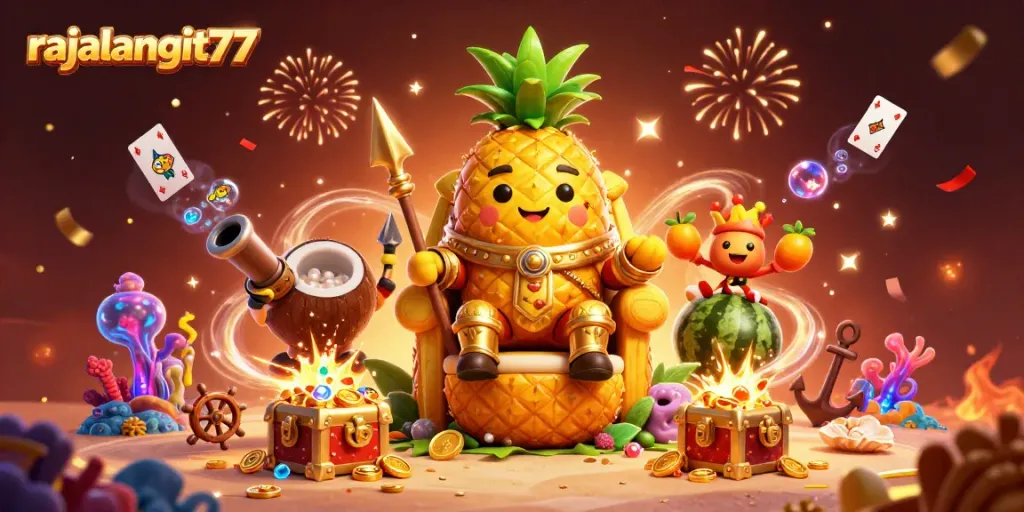 Grafik kasino ceria rajalangit77 menampilkan raja nanas emas dengan peti harta karun dan kartu bermain yang mencolok.
