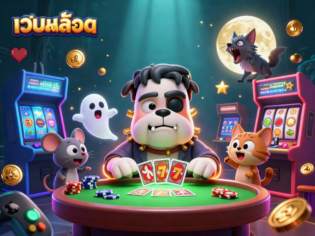 Play exciting เว็บสล็อต games with a vibrant scene featuring animated casino characters and slot machine elements.