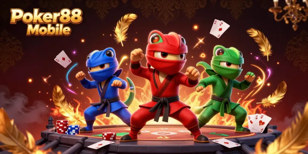 Experience Poker88 Mobile with ninja chameleons in action, surrounded by poker elements and vibrant effects.
