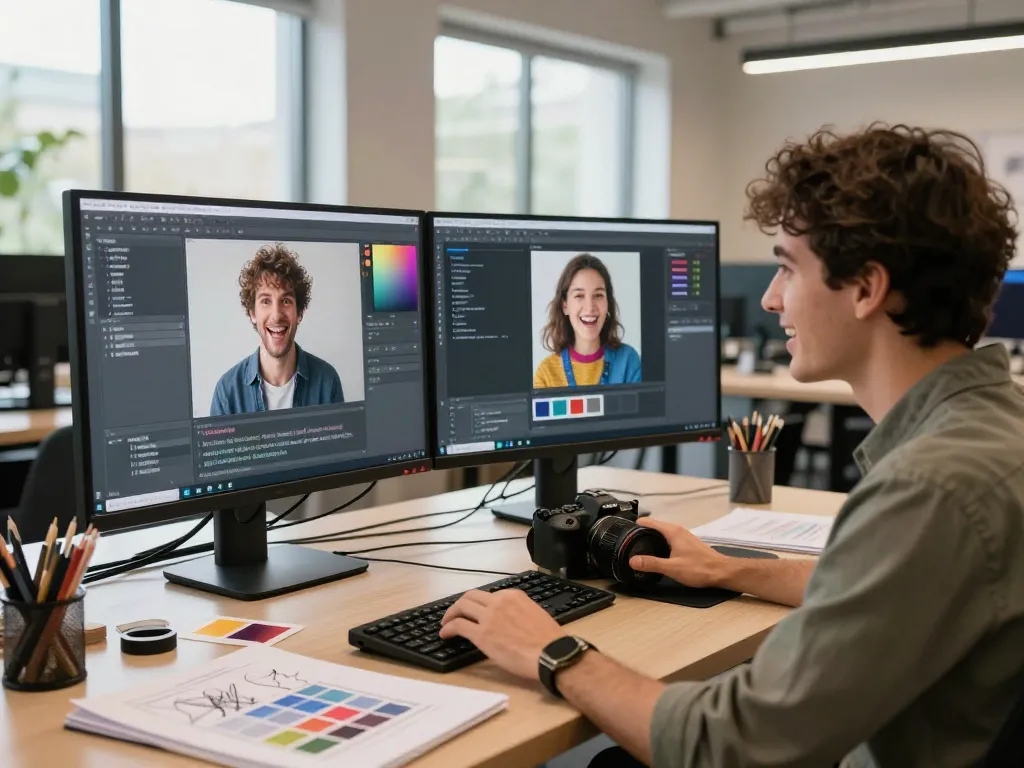 Creative professional using an image to prompt generator in a modern workspace.