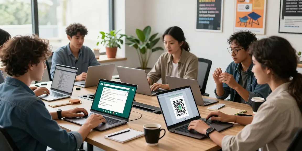Team collaborating on WhatsApp網頁版 in a modern office environment, using laptops and tablets.