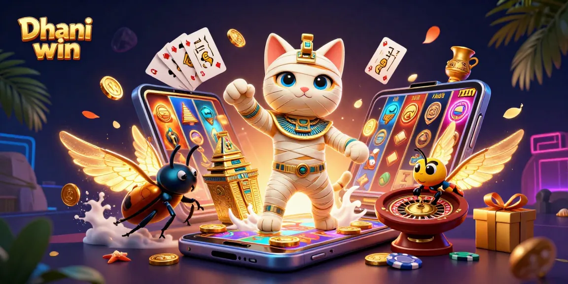 Dive into the thrilling world of Dhani win, featuring a cartoon mummy cat and scarab amidst dynamic casino elements.