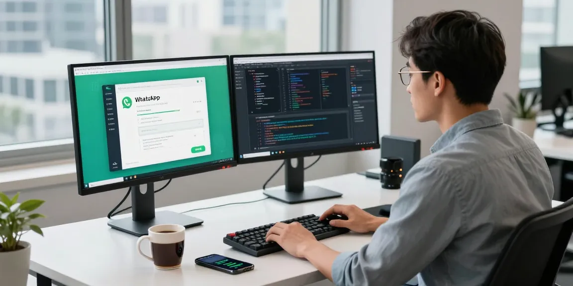 WhatsApp下載 in a tech workspace with dual monitors displaying coding and messaging interface, highlighting productivity.