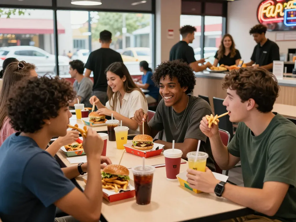 Friends enjoying various meals highlighting fast food prices in a lively restaurant setting.