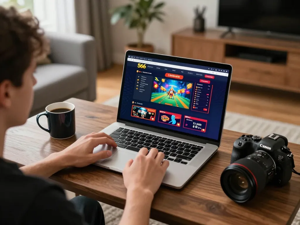 Engaging gameplay on trang chủ 566 with player focused on online casino interface in cozy home setting