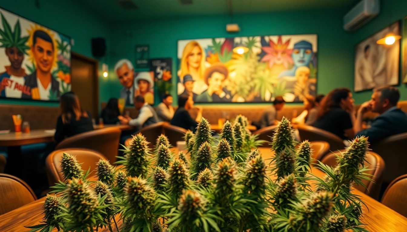 Enjoying cannabis strains at a Cannabis Club Madrid with vibrant decor and a relaxed social vibe.
