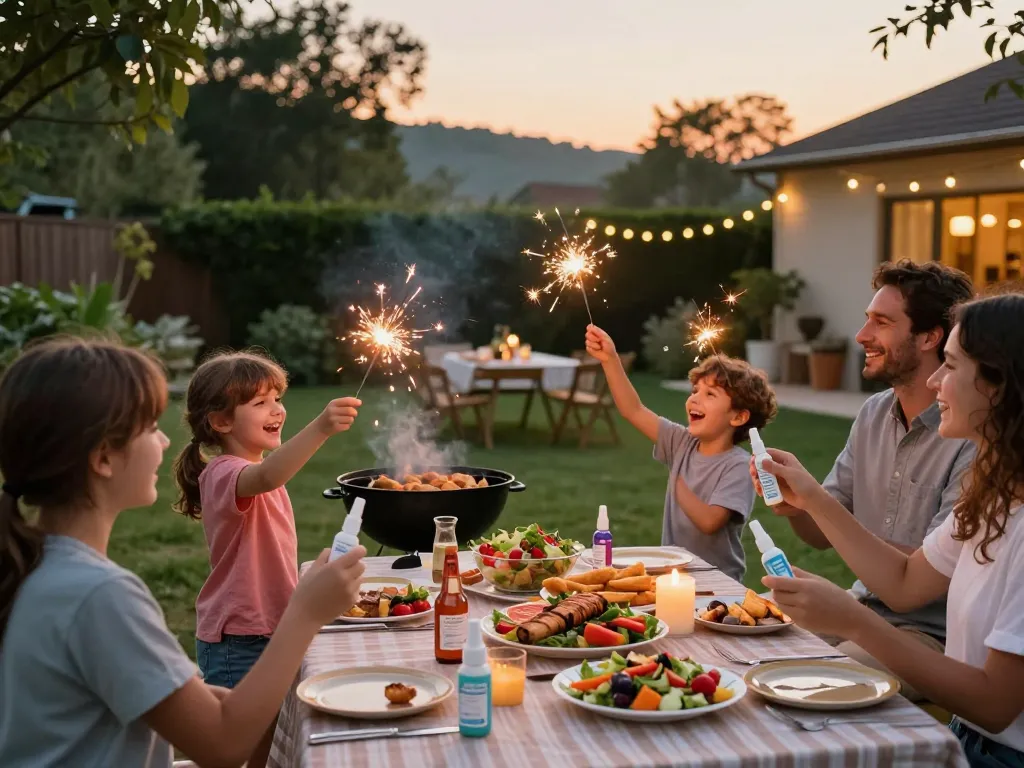 Family gathering outdoors, showcasing the best mosquito repellents during a summer barbecue.
