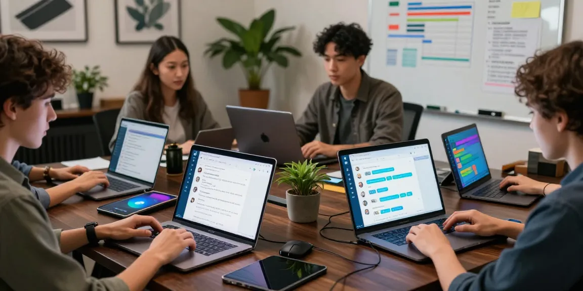 Modern tech workspace showcasing teamwork and digital communication using 纸飞机中文版官网 features for effective collaboration.