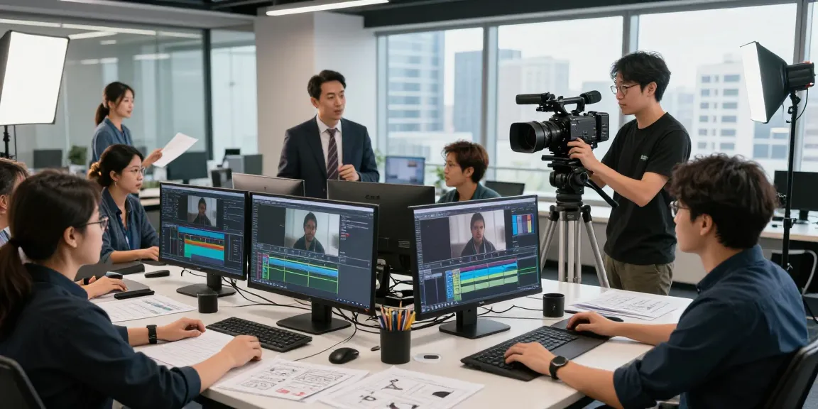 Best corporate video production company Singapore team collaborating in a modern studio, showcasing creative processes and teamwork.