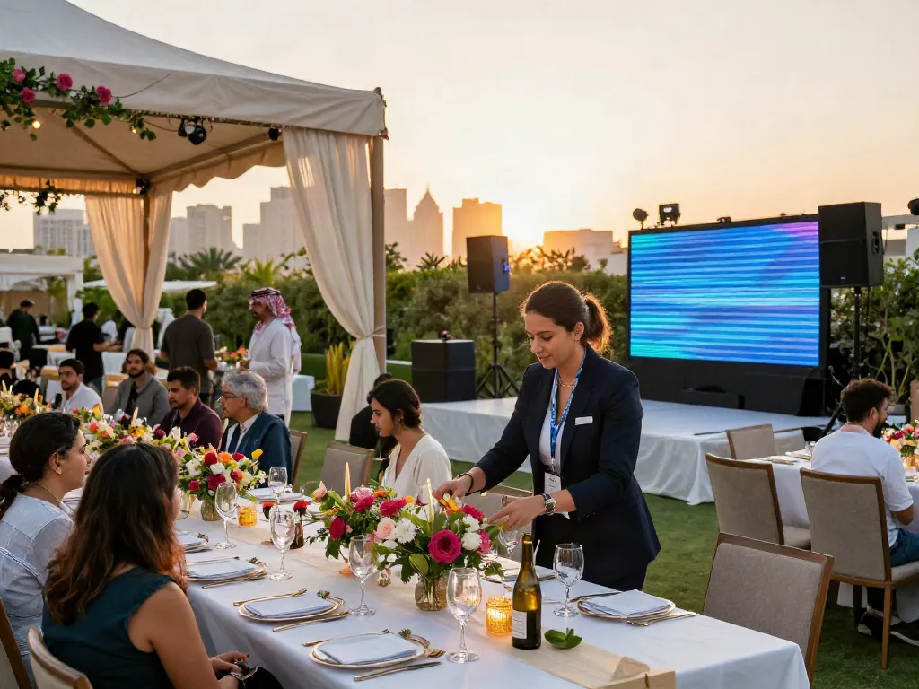 Event rental ksa setup featuring elegant tables and AV equipment at a sunset outdoor venue.