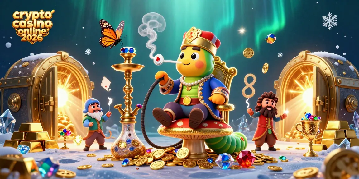 Giocatori si divertono nel crypto casino online 2026 con un'illustrazione colorata di simboli di poker e monete d'oro.