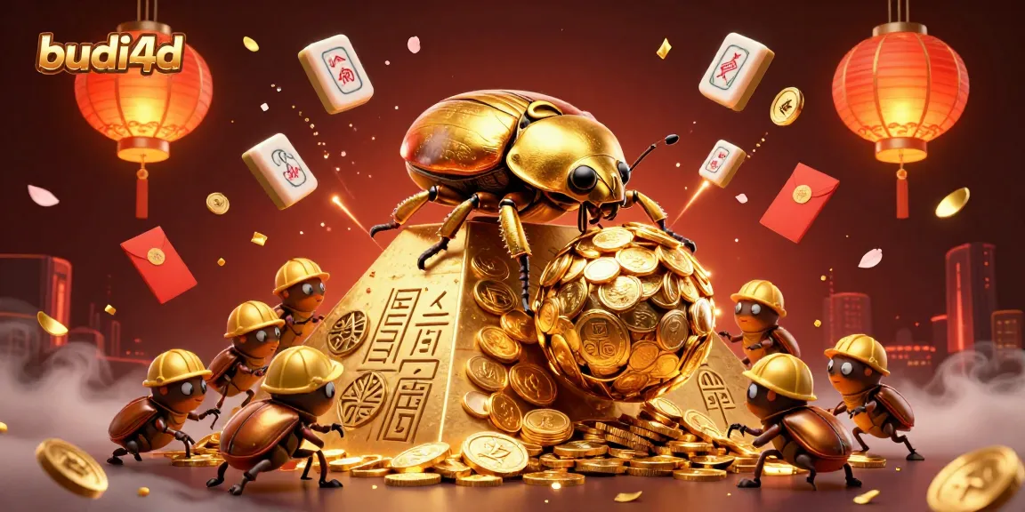 Experience winning moments with budi4d as golden coins cascade from a beetle amidst vibrant casino elements.