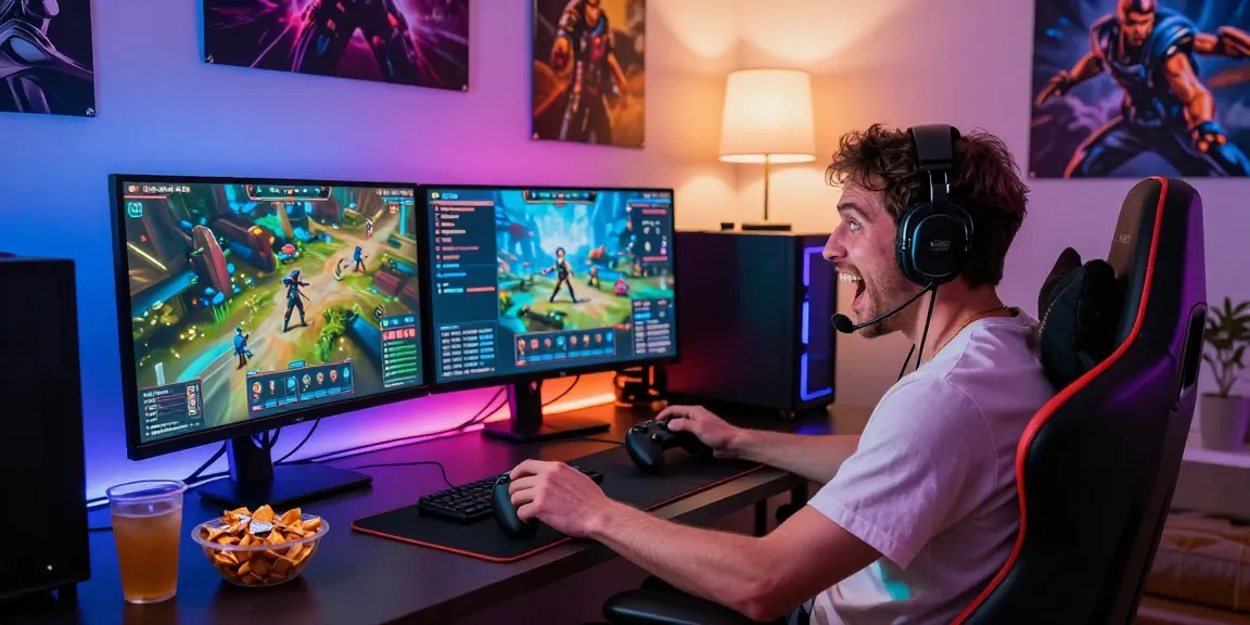 Engaging gamer enjoying a rokok88 link gaming session at home, illuminated gaming setup.
