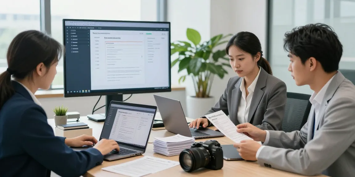 Detect fake receipt analysis in a modern office setting with professionals using AI tech.