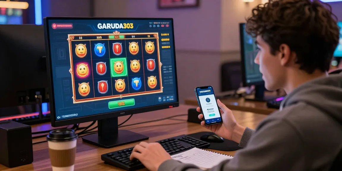Player engaging with slot depo 1k on GARUDA303 platform, excited atmosphere with vibrant graphics and modern setup.