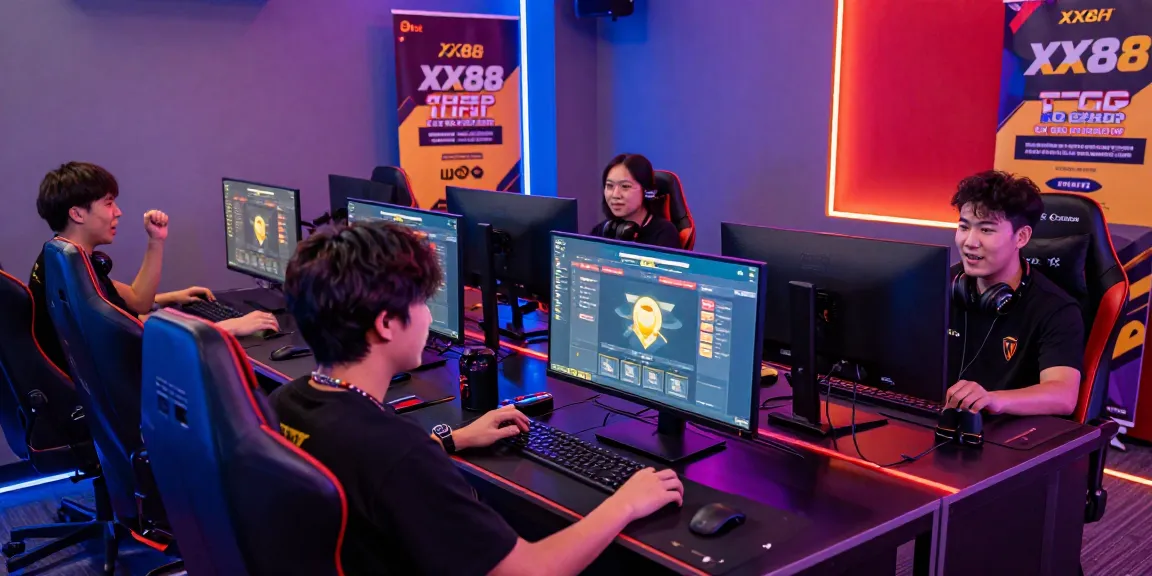 Engaged players celebrating a win on XX88 platform in a vibrant gaming studio.