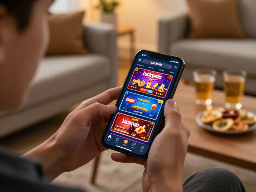 Người chơi tương tác với ứng dụng Luckywin trên smartphone của họ, trải nghiệm trò chơi trực tuyến hấp dẫn.