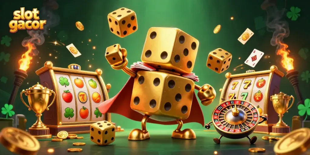 Engage in thrilling slot gacor action with a dazzling 3D illustration of a golden dice golem and slot reels.