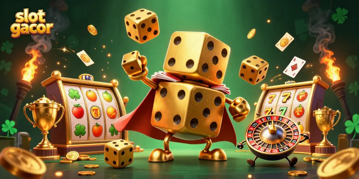 Engage in thrilling slot gacor action with a dazzling 3D illustration of a golden dice golem and slot reels.