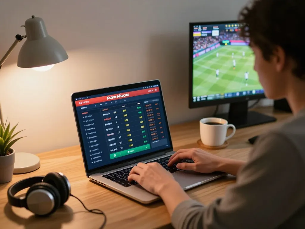 Paito macau betting interface displayed on laptop during online gambling session, capturing real-time sports action.