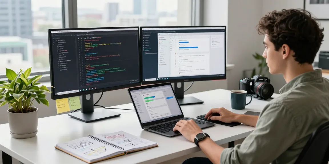 Workspace of a developer coding messaging app, showcasing technology and creativity with 纸飞机中文版官网 concept.