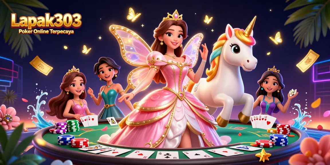 Experience the thrill of poker with Lapak303 Poker Online Terpercaya in this vibrant illustration featuring cards and chips.