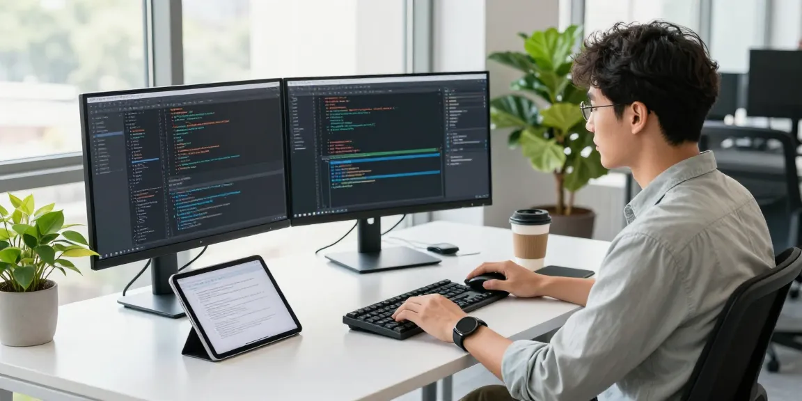 Developer at a modern workspace focusing on coding and innovation, related to 纸飞机官网.