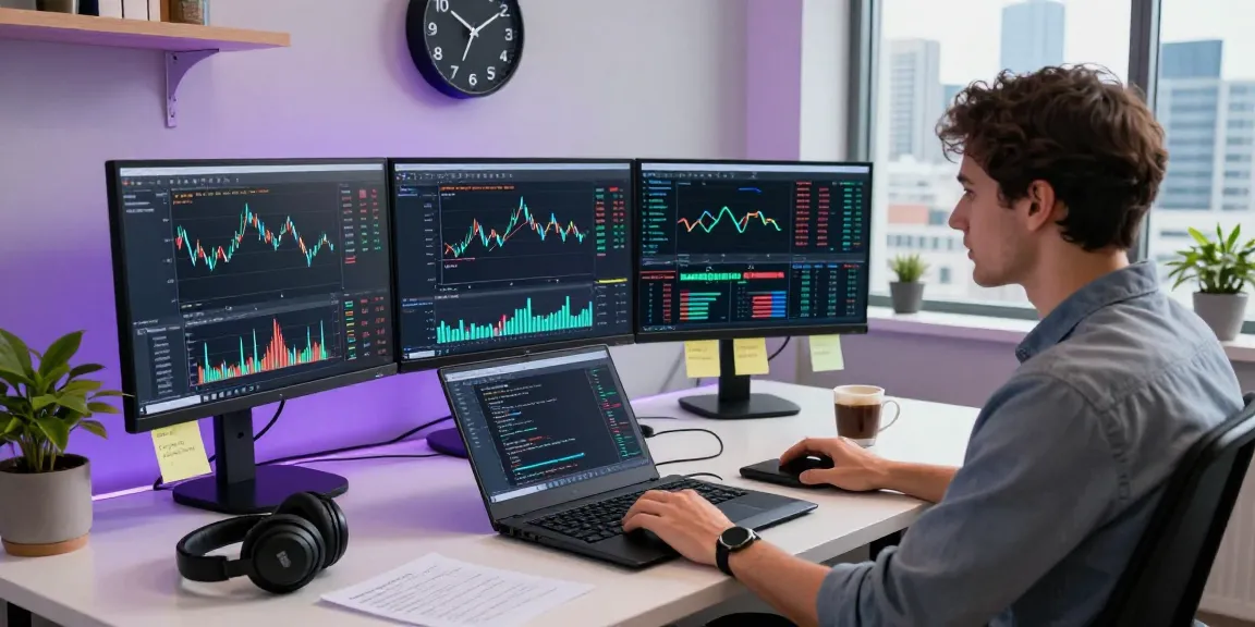 Developer working with forex high frequency tick API on multiple monitors in a modern workspace