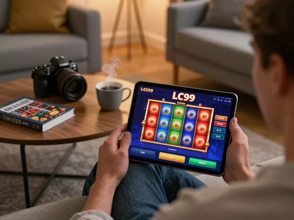 Experience the excitement of LC99 online slots with a tablet in a cozy home setup