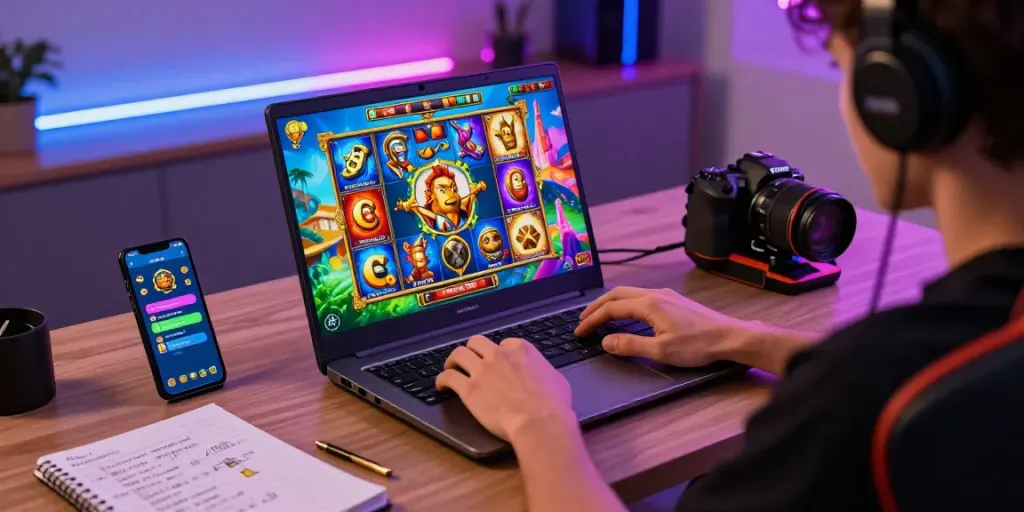 Excited player engaging with a slot demo game on a laptop, showcasing vibrant themes and modern gaming setup.